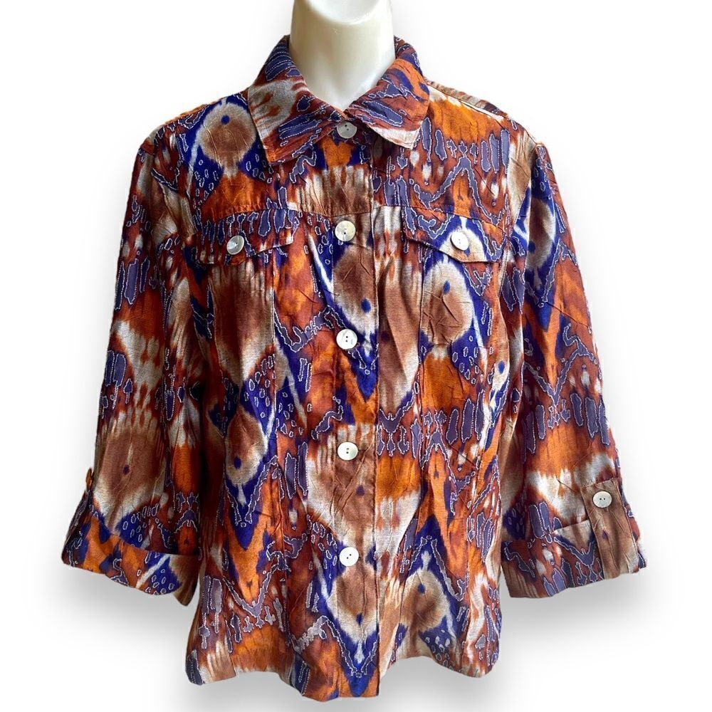 Ruby Rd Mesh Cutout Feather Ikat  Shell Button Flap Pocket Tab Sleeve Blouse